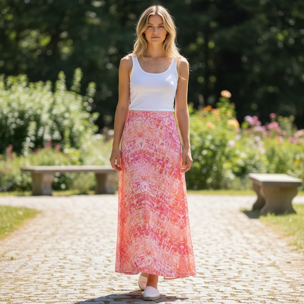 Cato Pink Abstract Maxi Skirt Y2K Coastal Resort Vacation Dopamine Festival Chic